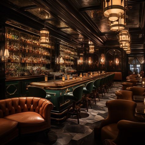 Modern Speakeasy Bar, British Bar Design, Prohibition Style Home Bar, Speakeasy Room Ideas Bar, Old Style Bar Design, Speakeasy Aesthetic Basement, Gatsby Bar Design, Art Deco Ceilings, 1950s Speakeasy