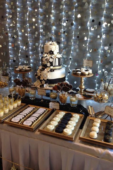 Dessert table styled by Sweet Freckles Glam Dessert Table, Desert Table Ideas Birthday Black And Gold, Black And Gold Wedding Dessert Table, Black Desert Table, Prom Dessert Table Ideas, Dessert Table Ideas Birthday, Gold Cake Table, Dessert Table Birthday Party, Prom Food