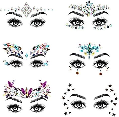 Festival Face Gems, Face Rhinestones, Rhinestone Face, Glitter Halloween, Festival Make Up, Gem Tattoo, Face Glitter, Party Make-up, Jewel Tattoo