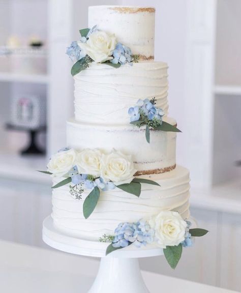 Wedding Cake Dusty Blue, Light Blue Wedding Cake, Wedding Cake Hydrangea, Semi Naked Wedding Cake, Blue Hydrangea Wedding, Baby Blue Weddings, Special Event Cakes, Blue White Weddings, Floral Wedding Cake