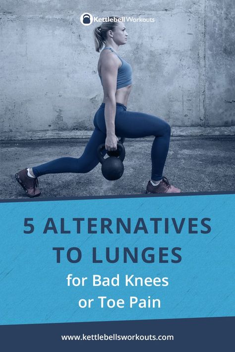 5 Alternatives to lunges for bad knees and toe pain. If you suffer from bad knees or toe pain when performing lunges then this is the article for you. I often get asked, “What can I do instead of lunges?” The lunge is such an important movement pattern that ignoring it all together would be a big mistake. The lunge strengthen the legs, hips, buttocks, core, improves balance and increases hip mobility. #kettlebell #lunges #pain Step Up Workout, Bad Knee Workout, Lunge Workout, Kettlebell Cardio, Bridge Workout, Kettlebell Exercises, Weight Bearing Exercises, Squats And Lunges, Bad Knees