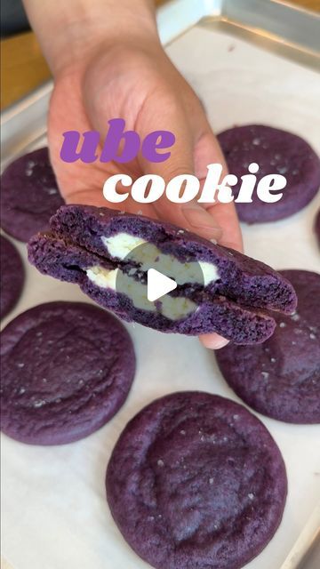 Frank Hu on Instagram: "Ube Cream Cheese Cookie Recipe 💜🍪

Here’s how I made it (yields 9 cookies):
- 176g (slightly less than ~1 1/2 cup - 1 tsp depending on how you scoop the flour) flour
- 1 tsp corn starch
- 2g salt 
- 1/2 tsp baking soda 
- 8 tbsp butter (room temp)
- 67g (1/3 cup) sugar + 67g (1/3 cup) brown sugar 
- 1 1/4 tsp ube (can increase to 2 tsp for more ube flavor but darker color) 
- 60g (1/4 cup) ube halaya 
- 1 egg
- 1/2 block of cream cheese (room temp)
- 25g sugar (for cream cheese)
- 1/2 tsp vanilla extract 

1. Cream together the cream cheese, sugar, and vanilla extract. Form nine 12g balls/small balls of cream cheese. Freeze for 1 hr. There will be some cream cheese leftover. 
2. Beat the butter with sugar, brown sugar, and salt. Mix in the ube extract, halaya, and Ube Cream Cheese, Ube Cookies, Ube Extract, Cream Cheese Cookie, Cheese Cookies Recipe, Ube Halaya, Cream Cheese Cookie Recipe, Cream Cheese Ball, Cookie Ball