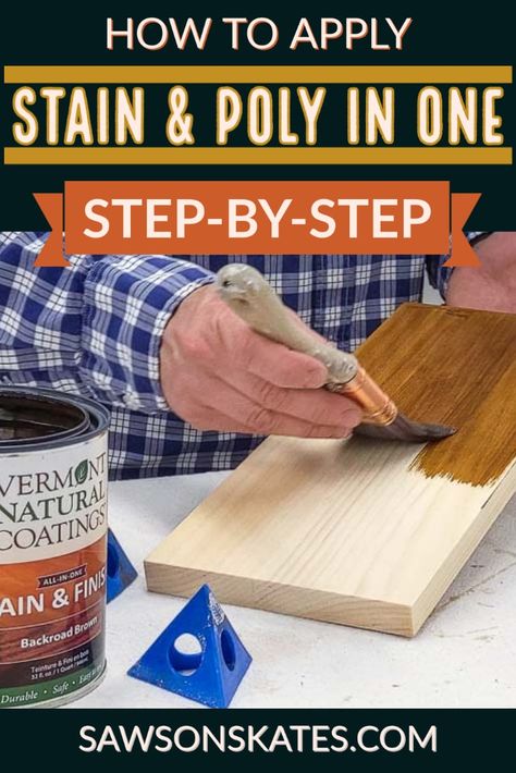 Learn how to apply stain and polyurethane in one in this step-by-step tutorial. I'm sharing what you need to know before you use stain and poly in one, how to apply it, and if I would use it again. How To Apply Stain To Wood, Polyurethane Over Stain, How To Apply Polyurethane, Paint Removal, Staining Furniture, Wood Steps, Staining Cabinets, Painted Stairs, Furniture Refinishing