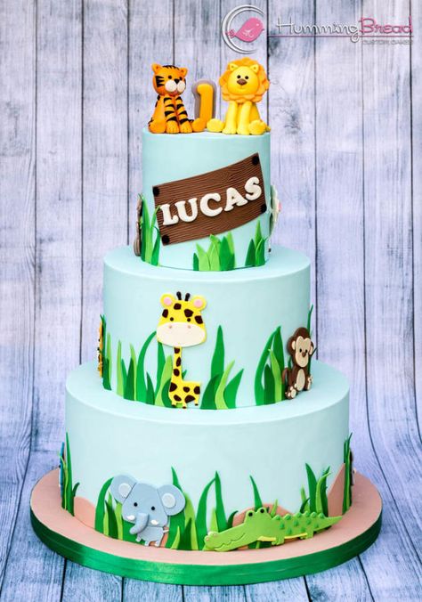 3 tier jungle themed cake for Lucas 2 Tier Cake Design, Jungle Themed Cake, 3 Tier Birthday Cake, Jungle Theme Cake, Cars Theme Cake, Jungle Theme Cakes, Cake Designs For Boy, Game Cake, Paw Patrol Birthday Theme