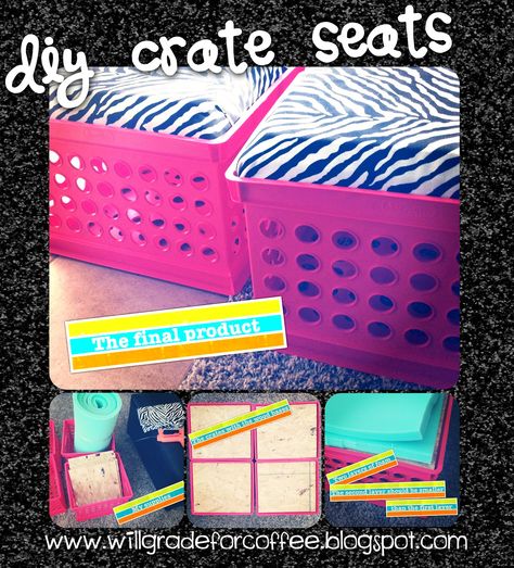 DIY crate seats! Crate Chairs Diy, Chairs For Classroom, Crate Chairs, Flexible Seating Classroom, Crate Seats, Diy Crate, Crate Ideas, Dorm Diy, Teachers Corner