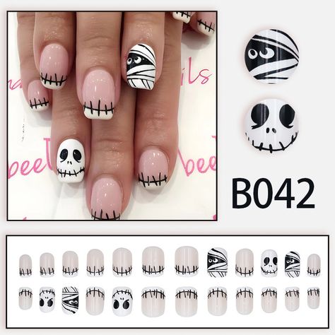 24Pcs Dark Skull Halloween Short Square False Nail Scary Mask Face Press on Nails Tips Halloween Nails Scary, Acrylic Nails Halloween, Nails Creative, China Nails, Scary Mask, Little Ghost, Pink Cups, Nails Halloween, Nail Length