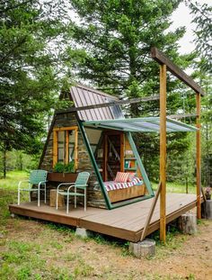 Glamping Cabin, Rental Ideas, A Frame House Plans, Frame Cabin, A Frame Cabin, Camping Glamping, A Frame House, Tiny House Cabin, Small Cabin