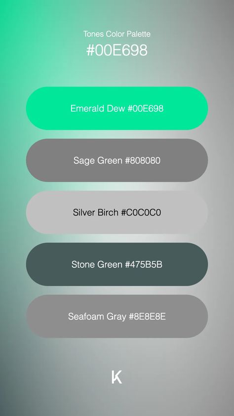 Tones Color Palette Emerald Dew #00E698 · Sage Green #808080 · Silver Birch #C0C0C0 · Stone Green #475B5B · Seafoam Gray #8E8E8E Hex Color Palette, Silver Birch, Fern Green, Gentle Touch, Hex Colors, Seafoam Green, Color Swatches, Unique Colors, Color Palettes