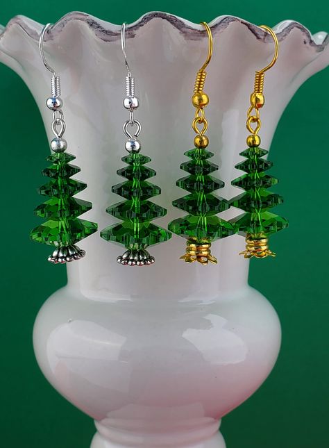 Christmas Tree Earrings, Swarovski 5 Tier Fern Green Tree Earrings, Christmas Holiday Jewelry, Sterling Silver, Gold, Holiday Gift for Her Total measurement from top of Ear Wire is approximately 1 1/2".  The total length of the Tree from the point of dangle if 1".  Your choice of Sterling Silver or Gold-Filled Ear Wires. A Special Gift for Someone Special or just a little something to put you in the Christmas Spirit, these Little Trees are sure to catch a "Twinkle" in their eye. Thank you for lo Christmas Earrings Diy, Christmas Jewelry Ideas, Christmas Beaded Earrings, Diy Christmas Earrings, Christmas Jewelry Diy, Diy Earrings Easy, Holiday Beading, Beads Craft Jewelry, Gold Holiday