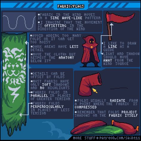 Official Post from Pedro Medeiros: When making flags always be careful to not overdo the folds and details, or everything will get very messy. For the movement, when not sure always remember sine waves.Other tutorials that might help you with the subject: Chacter Idle Fundamentals Part I and Part II  <1 Pixel Movement Pixel Art Characters Tutorials, 16 X 16 Pixel Art, 2d Art Ideas, Pixel Art Reference, Pixel Art Tips, Pixel Art Character Design, Pixel Tutorial, Pixel Art Gif, How To Pixel Art