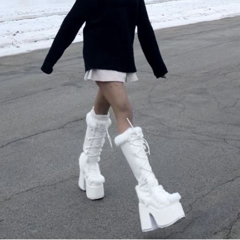 White Demonia Boots, Demonia Boots Outfit, Coquette Sneakers, Demonia Outfit, Demonia Boots, Boots Outfit, White Sneaker, Over Knee Boot, My Style