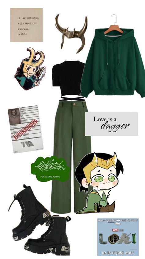 Loki for all times Comic Inspired Outfits, Loki Diy Costume Women, Loki Casual Outfit, Loki Core Aesthetic, Loki Inspired Outfit Casual, Loki Outfit Female, Marvel Inspired Outfits Casual, Marvel Themed Outfits, Loki Diy Costume