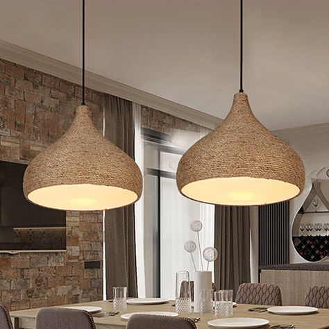 Buy Hemp Rope Teardrop Pendant Light Lodge Stylish 1 Bulb Living Room Suspension Lamp in Beige for only $228.56 at Clearhalo!