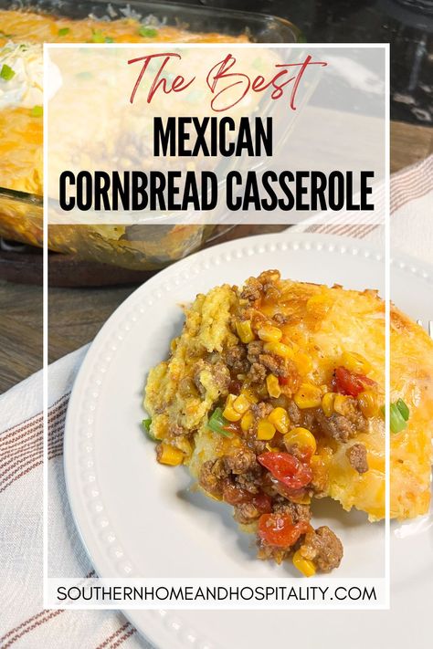 You and your family will love this easy recipe for Mexican Cornbread Casserole made with ground beef, Jiffy cornbread mix, a gooey Mexican cheese blend, spicy Rotel tomatoes, and lots of taco flavor! Recipe For Mexican Cornbread, Mexican Cornbread Jiffy, Easy Mexican Cornbread, Mexican Cornbread Casserole Recipe, Mexican Cheese Blend, Family Favorite Casseroles, Jiffy Recipes, Mexican Cornbread Recipe, Mexican Cornbread Casserole