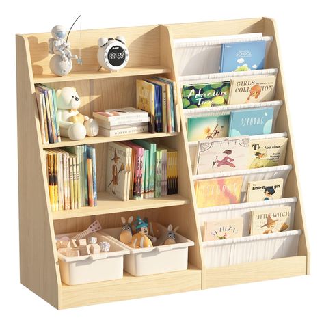 PRICES MAY VARY. Toddler-sized Kids Bookshelf: This baby bookshelf with 6 sling pockets displays books with covers facing forward for kids to identify and retrieve their favorite books easily and quickly. Those 6 deep cotton linen storage pockets can store different sizes and shapes of reading books, board books, coloring books and magazines. This space-saving kids’ bookshelf is just right size for your toddler and is ideal for children aged 2 and up. Kids Bookcase with Sturdy Construction: This Childrens Bookshelf Ikea, Ikea Childrens Book Shelves, Baby Closet Made From Bookshelf, Kids Dresser Bookshelf, Childrens Toy Shelf, Book Shelf For Playroom, Little Boys Room Book Storage, Nursery Bookshelves Target, Tall Book Shelf Kids