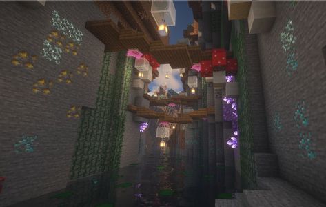 This epic cave is filled with gems, crystals, and mushrooms! Floating laterns glow as they float through the cave. (Shader used: BSL) Mushrooms Minecraft, Glow Mushrooms, Crystals And Mushrooms, Mushroom Cave, Base Ideas, Magical Mushroom, Gems Crystals, Cave In, The Cave