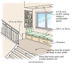 window seat dimensions | Window Seat Upstairs Addition, Stair Idea, Staircase Window, Bench Window Seat, Window Bench Seat, Stairs Window, Staircase Landing, Bay Window Seat, Window Seat Design