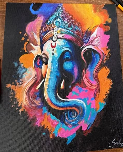 Ganesh Ji Drawing Colour, Abstract Ganesha Painting, Ganesh Ji Painting, Lord Painting, Ganesha Art Illustration, Wall Painting Flowers, God Pic, Soft Board, Jewel Drawing