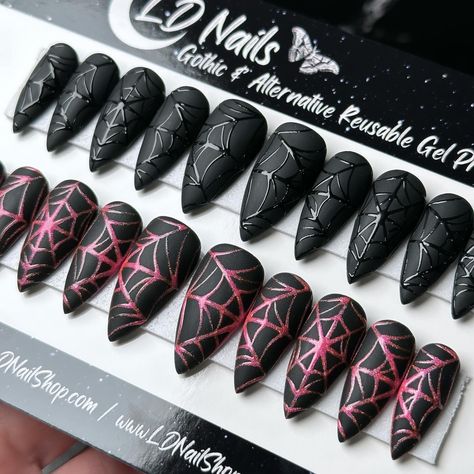 🕸️ Black on Black or Holographic Pink Glitter Webs? 🕸️ #pressonnails #pressons #spiderwebnails #webnails #spidernails #blackonblack #gothartist #gothnails #gothvibes #gothicnails #spookynails #glittergoth #spookylifestyle #spookycute #gothaesthetics #spookynails👻🎃 #blacknails #allblackeverything #pressonnailsofinstagram Glitter Spider Web, Spiderweb Nails, Nails Pink Glitter, Neon Goth, Web Nails, Pink Black Nails, Press On Nails Pink, Cartoon Nails, Country Nails