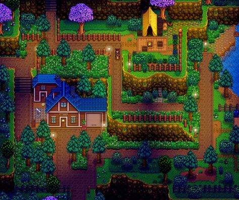 Stardew Mountain Farm, Stardew Valley Cindersap Forest Design, Stardew Valley Mountain Farm, Stardew Valley Farm Layout Mountain, Stardwey Valley Farm Layout, Stardew Valley Town Decor, Stardew Design, Stardew Layout, Stardew Ideas