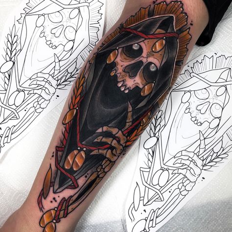 Bold tattoo of a skull in an ornate headdress Neo Traditional Reaper Tattoo, American Traditional Grim Reaper, Neo Traditional Grim Reaper Drawing, Grim Reaper Neo Traditional, Neotraditional Grim Reaper Tattoo, Neotraditional Skeleton Tattoo, Grim Reaper Tattoo, Reaper Tattoo, Skeleton Hand Tattoo