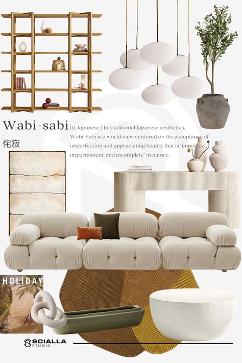 Wabi-sabi interior moodboard by Scialla Studio Interior Themes Style, Wabi Sabi Moodboard, Wabi Sabi Modern Interior, Wabi Sabi Sofa, Wabi Sabi Interior, Commercial Design Exterior, Interior Architecture Drawing, Baby Boy Room Decor, Design Exterior