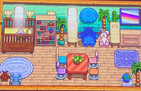 Stardew Valley Farmhouse Color, Stardew Valley House Exterior Color, Nursery Stardew Valley, Stardew Valley Basement Design, Stardew Valley House Color, Stardew Nursery Design, Stardew Valley Nursery Ideas, Stardew Valley Kids Room Design, Stardew Nursery