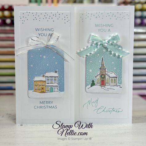 Yuletide Village slimline card - Sneak Peek & tutorial - Stamp with Nellie Stampinup Yuletide Village, Su Yuletide Village Cards, Stampin Up Yuletide Village Cards, Stampin Up 2024 Christmas Cards, Yuletide Village Stampin Up Cards, Stampin Up Yuletide Village, Stampin Up Christmas Cards 2024, Christmas Village Card, Beary Christmas