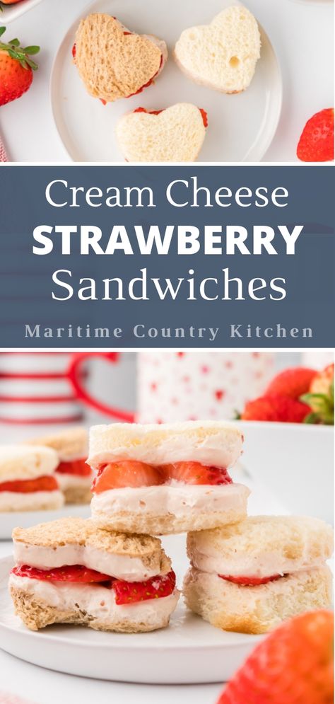 These adorable strawberry sandwiches are perfect for tea parties, brunch, or special holidays (like Valentine's Day). If you're looking for recipes that use strawberries, this delicate sandwich with homemade strawberry cream cheese, fresh berries, and fluffy bread is the perfect one to pull together. They are the BEST way to welcome strawberry season. Strawberry Cream Cheese Sandwiches, Pb J Sandwiches Ideas Party, Toddler Sandwich Ideas, Tea Sandwiches Recipes Easy, Fruit Sandwich Recipes, Kids Party Sandwiches, Tea Party Food For Kids, Tea Sandwiches Kids, Strawberry Tea Sandwiches