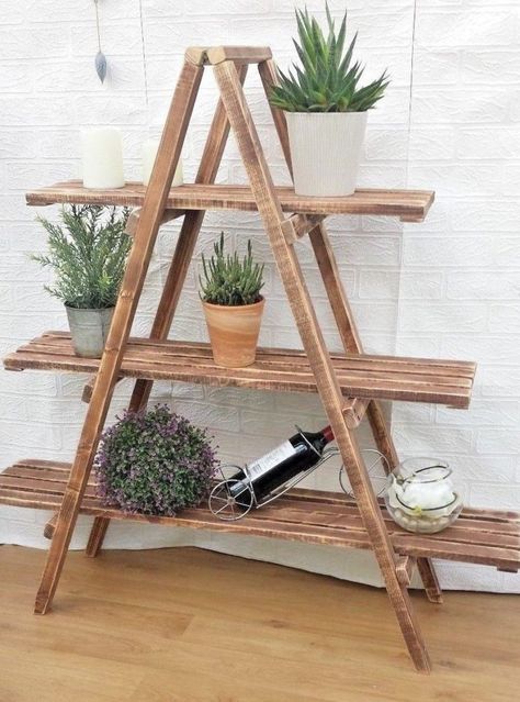 The Top 9 Best Products for Organizing Small Spaces Ladder Shelf Decor, Repurposed Ladders, Wooden Ladder Shelf, Wood Shelving, Shelving Storage, Ladder Bookshelf, Shelf Wood, Small Space Organization, Wooden Ladder