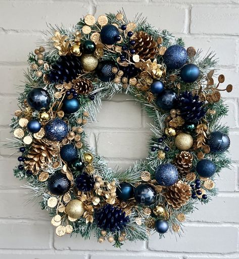 Navy Gold Christmas, Christmas Wreath Gold, Gold Christmas Wreath, Gold Foliage, Painted Pinecones, Snow Effect, Navy Christmas, Hanukkah Decorations, Artificial Christmas Wreaths