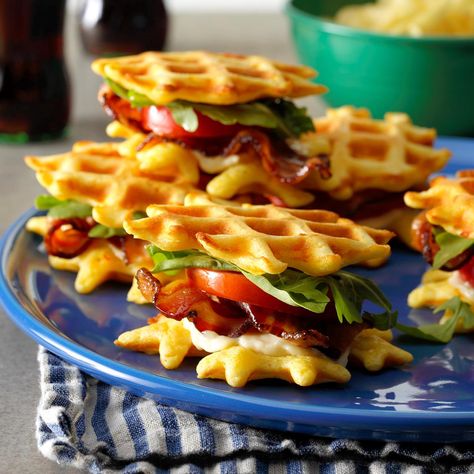 BLT Waffle Sliders Recipe -Craving a BLT for breakfast? Try a deliciously different version that features crisp bacon and fresh tomatoes between two golden cornmeal waffles. Prepare the waffles ahead of time and reheat in the toaster for quick assembly. —Stacy Joura, Stoneboro, Pennsylvania. Waffles For Dinner, Summer Breakfast Recipes, Cornmeal Waffles, Waffle Sandwiches, Waffle Sliders, Waffle Iron Recipes, Waffle Sandwich, Summer Breakfast, Easy Party Food