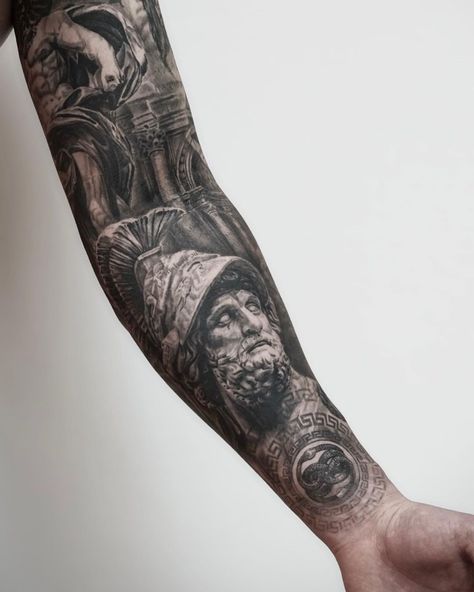 Hellenic Tattoo, Acropolis Tattoo, Michelangelo Tattoo, Greece Tattoo, Roman Tattoo, Left Arm Tattoos, Favorite Tattoos, Religious Tattoos, Greek Tattoos