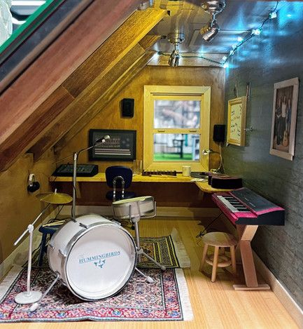 A miniature model of a music recording studio in a dolls house with drums, keyboard, guitar, microphone and glockenspiel Paper Coffee Cups, Music Recording Studio, Music Recording, Dream Music, Paper Coffee Cup, Miniature Projects, 1 12 Scale Dollhouse, Recorder Music, Bass Drum