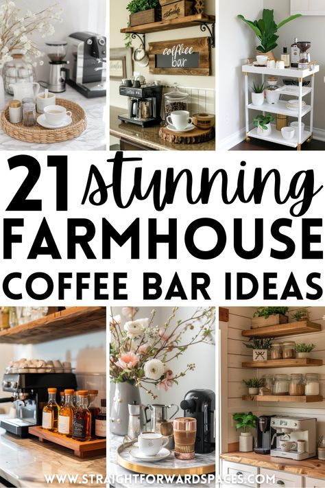 21 Creative Farmhouse Coffee Bar Ideas You Need To See Coffee Bar Ideas For Small Kitchens, Coffee Bar Ideas Hanging Cups, Coffee Bar Ideas Coastal, Coffee Bar Next To Fireplace, Vintage Farmhouse Coffee Bar, Coffee Themed Kitchen Ideas, Dry Sink Coffee Bar Ideas, Coffee Bar Farmhouse Style, Coffee Bar Items Needed