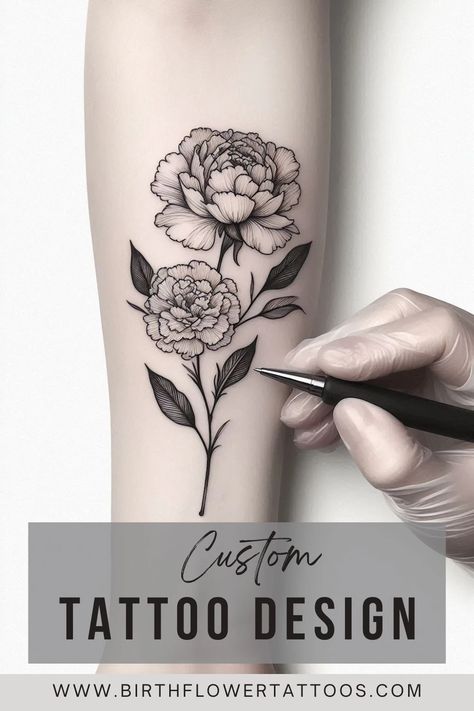 🌸✨Carnation and Peony Flower Tattoo | Minimalistic January & November Birth Flower Design✨🌹 January And May Birth Flower Tattoo, Carnation And Snowdrop Tattoo, Carnation Tattoo Design, Carnation Flower Tattoo Design, January Flower Tattoo, January Birth Flower Tattoo, Marigold Flower Tattoo, November Birth Flower Tattoo, Peony Flower Tattoo