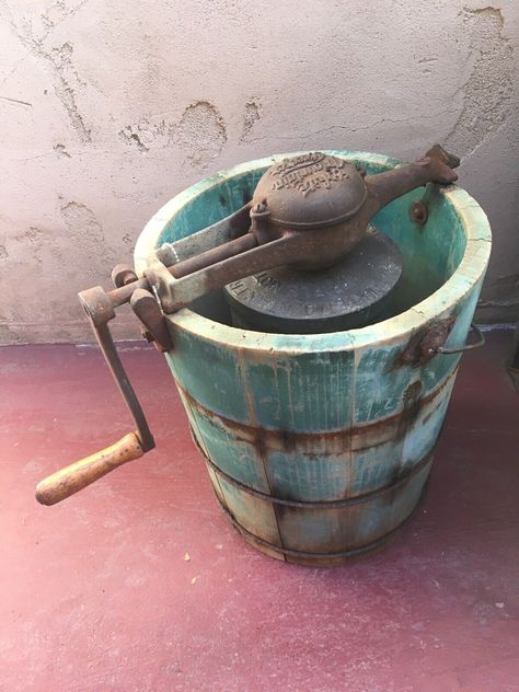 ANTIQUE 1920s WHITE MOUNTAIN FREEZER 4 QUART WOODEN HAND CRANK ICE CREAM BUCKET | eBay Freezer Ice Cream, Ice Cream Bucket, Antique Kitchen Utensils, Milk Bucket, Wooden Ice Cream, Rethunk Junk, Antique Bucket, Old Wooden Boxes, Wooden Wagon