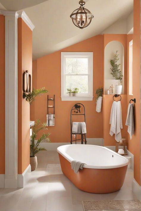 Discover the tranquil retreat of an Organic Orange Oasis bathroom featuring SW 6875. Earthy bliss meets modern design in this daily routine for interior designers. #Ad #homedecor #homedesign #bathroom #Painthome interiorarchitecture best Wall Colors for Bathroom Colors Bright Room Colors best colors combinations bathroom bathroom Remodeling Modern Paint Colors 2024 Pale Orange Bathroom, Light Orange Bathroom, Burnt Orange Bathroom Ideas, Earthy Bathrooms, Warm Tone Bathroom, Oasis Bathroom, Paint Colors 2024, Bright Room Colors, Orange Bathrooms Designs