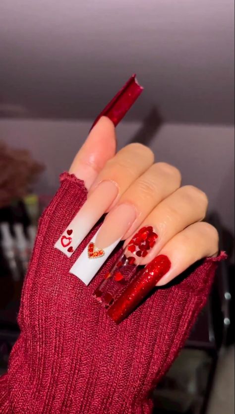 Valentines Day Nails Long, Heart Nails French, Valentines Day Nails Red, Red Nail Set, Nail Inspo Gel, Nails Long Square, Vday Nails, Valentines Day Nails, Red Acrylic Nails