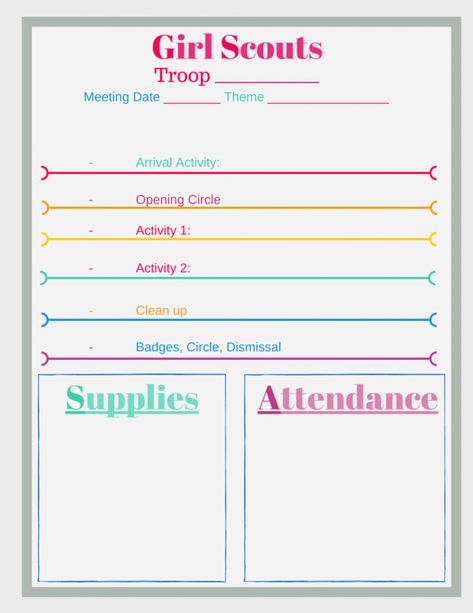 5 Free Girl Scout Meeting Planner Printables! Keep those meetings organized with activities and supplies. Girl Scout Brownie Badges, Girl Scout Daisy Activities, Girl Scout Meeting Ideas, Girl Scout Mom, Girl Scout Troop Leader, Girl Scouts Cadettes, Daisy Troop, Brownie Girl Scout, Scout Mom