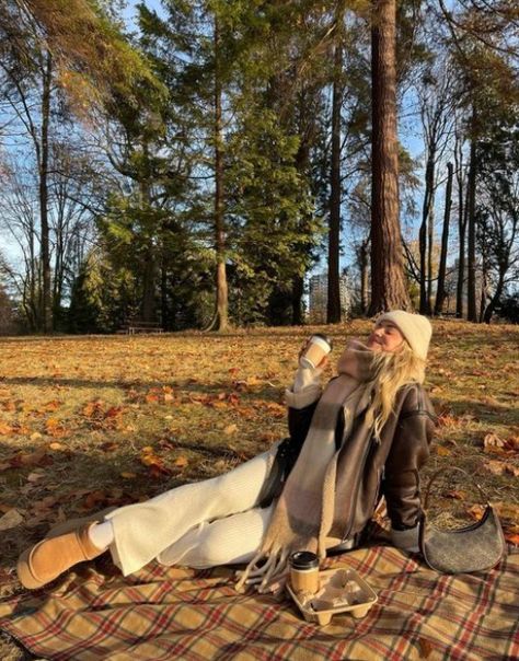 Fall Picnic Aesthetic Outfit, Autumn Picnic Photoshoot, Winter Outfit Poses, Autumn Park Photoshoot, Photo Inspo Fall, Picnic Outfit Autumn, Cozy Fall Photoshoot, Fall Park Photoshoot, Autumn Picnic Outfit