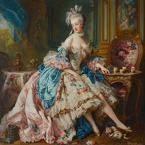 Rococo Fashion History, Rococo Era Fashion, French 1700s Aesthetic, Rococo Aesthetic Outfit, French Aristocrat Aesthetic, French Aristocracy Aesthetic, Rococo Fashion Aesthetic, Marie Antoinette Fanart, Rocco Outfit