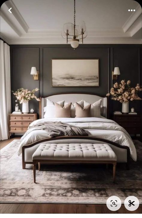 Master Bedrooms Black And White, Bedroom Inspirations With Carpet, Inviting Guest Bedroom, Traditional Masculine Bedroom, Master Bedrooms With Slanted Ceilings, Contemporary Transitional Bedroom, Peak Ceiling Bedroom, Builder Grade Bedroom Makeover, Gray White And Black Bedroom