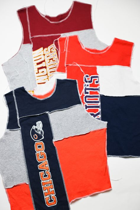 Scrappy Tank Top made by @tonguetiedapparel #ootd #football #chicagobears #newenglandpatriots #commanders Wag Jackets, Reworked Jersey, Football Gameday Outfit, Football Tank Tops, Patchwork Sweatshirt, Denim Corset Top, Denim Corset, Gameday Outfit, Football Games