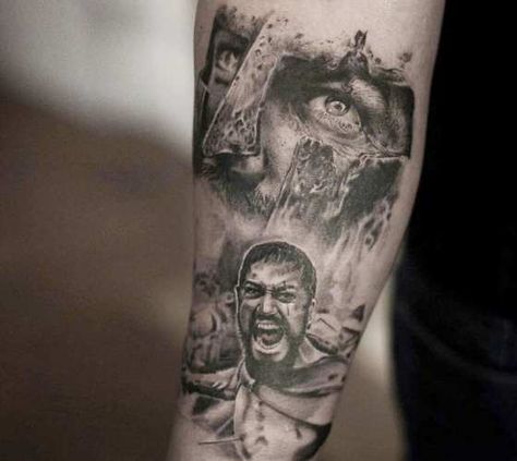 Black and grey realistic tattoo style of Leonidas from movie 300 done by artist Bro Studio Leonidas Tattoo, Cliffs Tattoo, Sparta Tattoo, Bear Claw Tattoo, Gladiator Tattoo, Spartan Tattoo, Warrior Concept Art, Lion Head Tattoos, Movie Tattoo