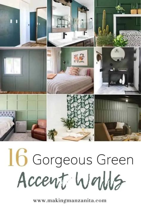 Green is IN! If you're looking to more add of this trending color to your home, try painting a green accent wall! From bathroom to bedrooms and everything in between, these 16+ green accent wall ideas will inspire you today! Rooms With Dark Green Accent Wall, Wallpaper Living Room Accent Wall Green, Jade Accent Wall, Boho Green Accent Wall, Green Accent Wall Vaulted Ceiling, Small Bedroom Green Accent Wall, Sage Green Bathroom Accent Wall, Sage Green Accent Wall Bedroom Boho, Green Focal Wall Bedroom