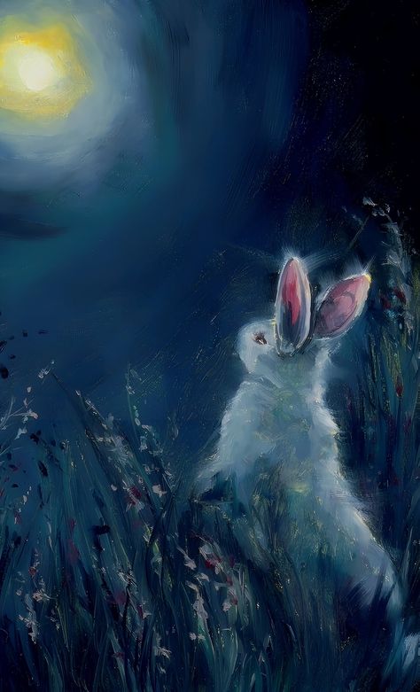 Moon Rabbit Aesthetic, Bounce Drawing, Fairytale Painting, Rabbit Aesthetic, Hare Painting, Moon Rabbit, Moonlight Photography, Bunny Painting, Rabbit Painting