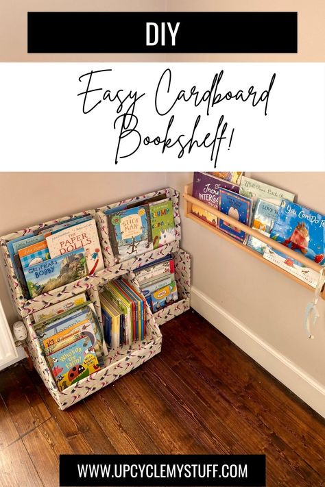 Sort out your kid's books using cardboard boxes from the recycling bin and leftover wallpaper! You can make this kid's bookcase in an afternoon by upcycling and repurposing stuff you already have. A no cost storage solution for any kid's room. Cardboard Crafts | Cardboard Shelves | DIY Kid's Room Decor | DIY Projects Book Shelf Diy Ideas, Cardboard Box Shelves Diy, Cardboard Recycling Storage, Book Storage Ideas Bedrooms, Diy Book Bin, Diy Cardboard Bookshelf, Cardboard Bookshelf Diy, Cardboard Shelves Diy, Diy Kids Book Storage