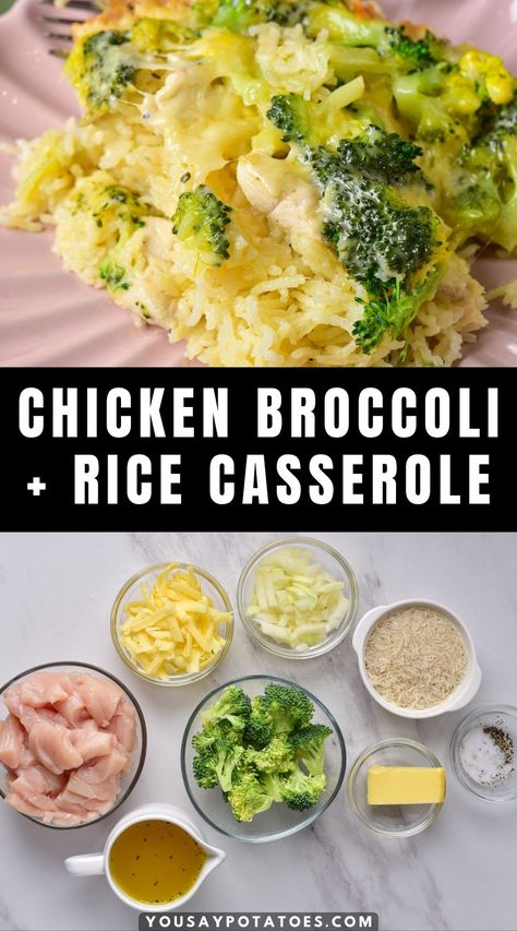 Plate of casserole, plus ingredients, and title: Chicken, Broccoli, and Rice Casserole. Chicken Broccoli Rice Alfredo Casserole, Basmati Rice And Chicken, Chicken Broccoli Rice Casserole No Soup, Chicken Breast Broccoli Rice Casserole, Chicken Broccoli Rice Cheese Casserole Without Cream Soup, Chicken Broccoli Bake Recipes, Chicken Broccoli Rice Cheese Casserole Crockpot, Chicken Broccoli Rice Recipes, Chicken Rice Broccoli Casserole Bake