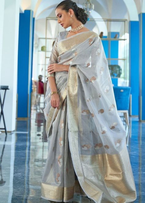 Grey Organza Saree, Latest Silk Sarees, Wedding Sarees Online, Blue Silk Saree, Grey Saree, Organza Silk Saree, Tissue Saree, Indian Silk Sarees, Indian Bridal Wear